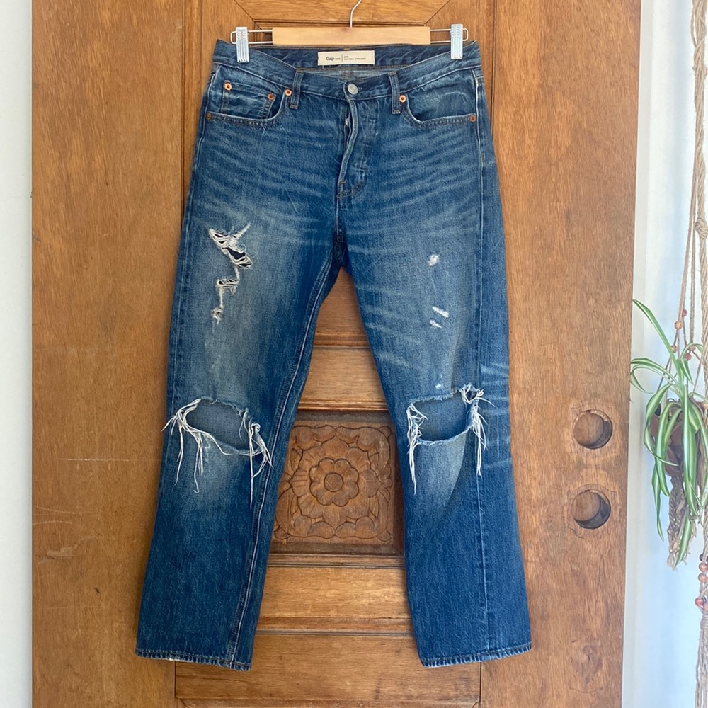 Gap vintage straight boyfriend denim jean distress 26 waist ankle length indigo